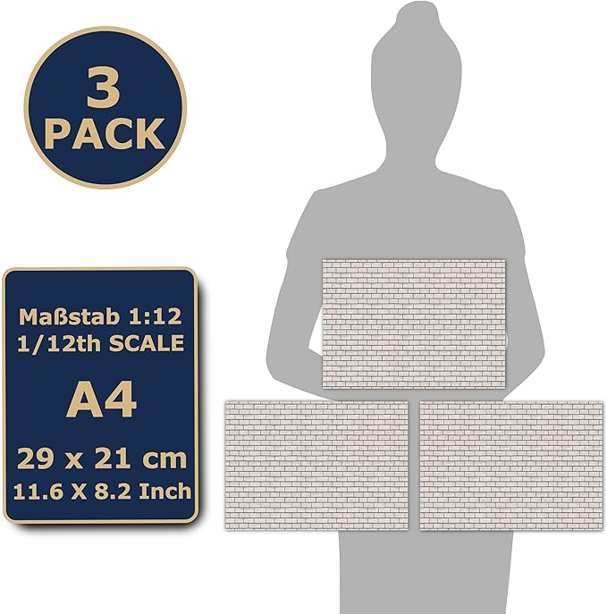 3 Sheets Self-Adhesive Wall Cladding for Dollhouse 1:12 Scale (White Bricks 1)