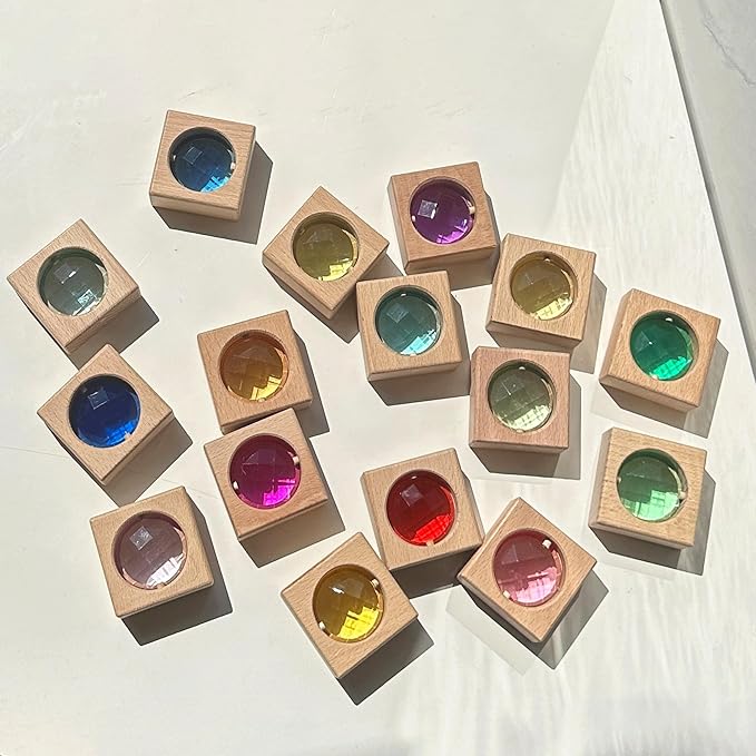16PCS Acrylic Wooden Gem Blocks, Sparkling Acrylic Colorful StackingToys, Open Ended Play Montessori Educational Toys (16PCS Square Gem Blocks)