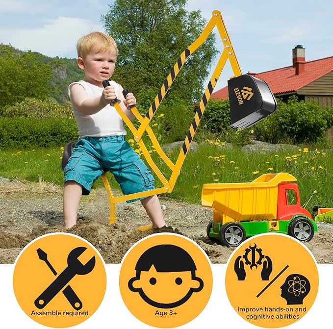 Elevon Sand Digger Kids Excavator Ride On Toy, Beach Toys Outdoor Sandbox Toy Digger, Steel Excavator Crane Rotates 360 with Stabilizing Base, Sand Toys Backyard Sandbox, Dirt and Snow - Yellow