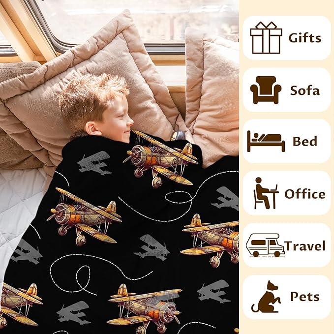 Kids Blanket Airplane Throw Blanket Gift for Boys, 30x40 Inches Cool Lightweight Comfy Black Throw for Sofa Chair Bed Office