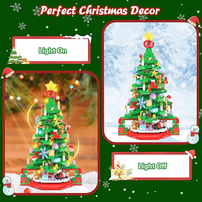 Flyart Christmas Tree Building Blocks, Toy Building Sets with LED Light, Christmas Tree Building Bricks with Christmas Train, Stocking, Snowflake, Xmas Gifts for Kids Adults Teens