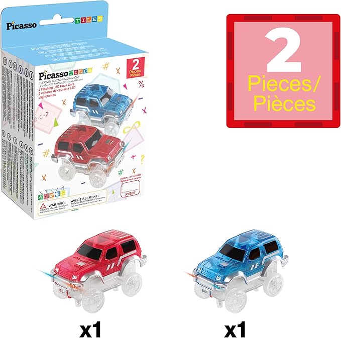 PicassoTiles 2pcs Magnetic Toy Car Set Highly Detailed Compatible with Magnet Race Track STEM Truck Replacement Accessories Educational Construction Building Kits for Toddlers Boys & Girls Ages 3+