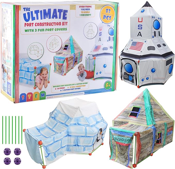 Attatoy Ultimate Play Fort Kit (83-Piece Set), Stick and Ball Fort Building Kit w/ 3 Play Tent Covers