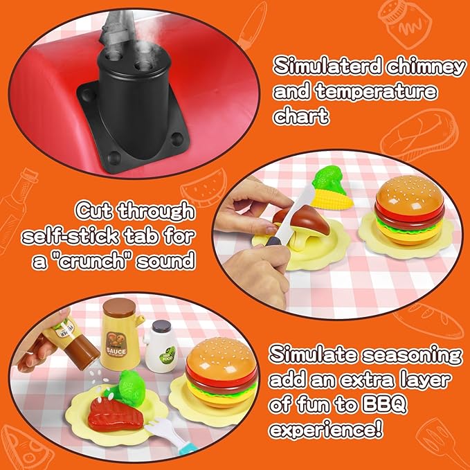 2025 Kids Kitchen Playset Toy Grill BBQ with Smoke Light Pretend Play Food Toys Cooking Set 2-Layer Barbecue Gifts for Toddler Boys Girls 3-5 6 7
