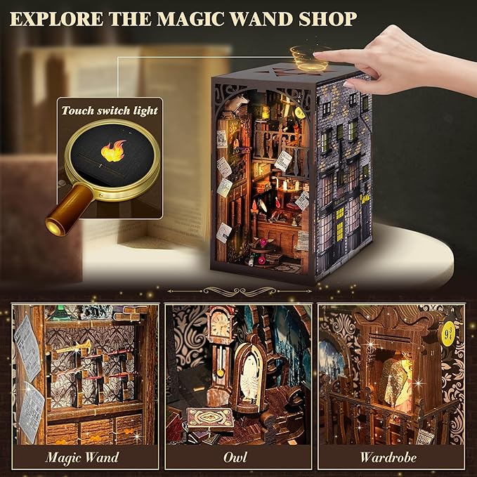 DIY Book Nook Kit, 3D Wooden Puzzle Miniature Booknook Bookend Bookshelf Decor with LED Light, Dust Cover, Book Nook Kits for Adults Teen (Magic Wand Shop)