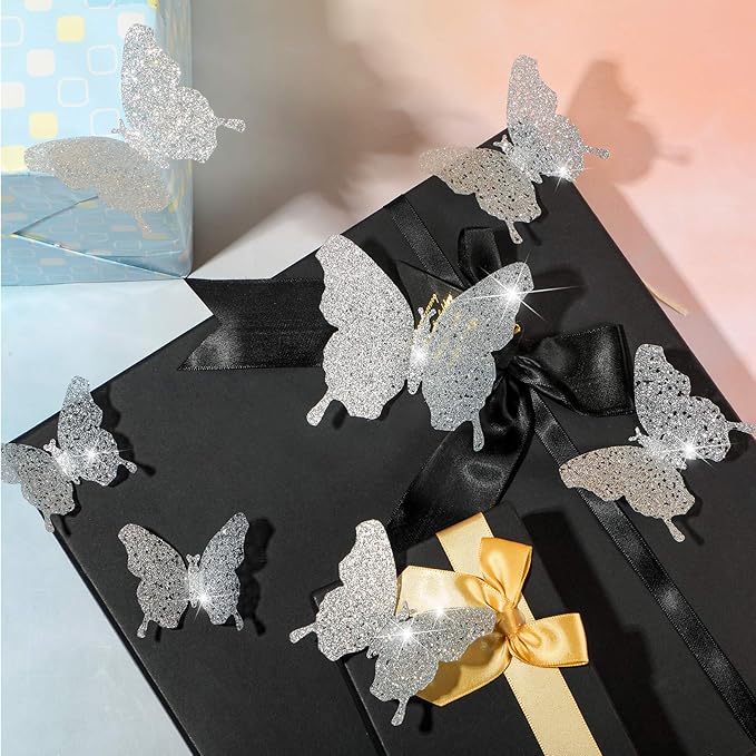 BBTO 48 Pieces Butterfly Wall Decor DIY Mirror 3D Butterfly Stickers Removable Decals for Home Bedroom School Bathroom Living Room Decor(Glitter Silver)