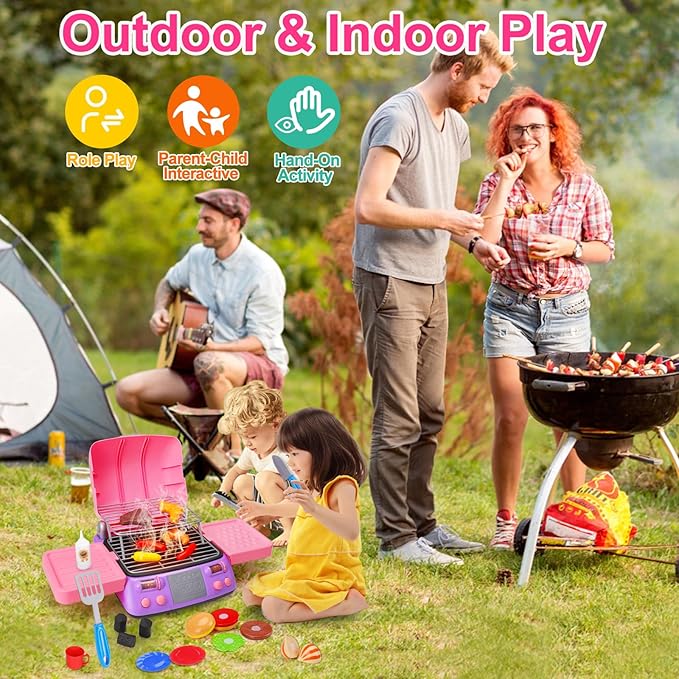 Kids BBQ Grill Playset with Coooking Apron Hat Toddler Girl Pink Kitchen Toy Ages 3-5 4-8 Pretend Smoke Sound Light Outdoor Barbecue Accessories Toy for 3 4 5 Year Old Girl Birthday Gift