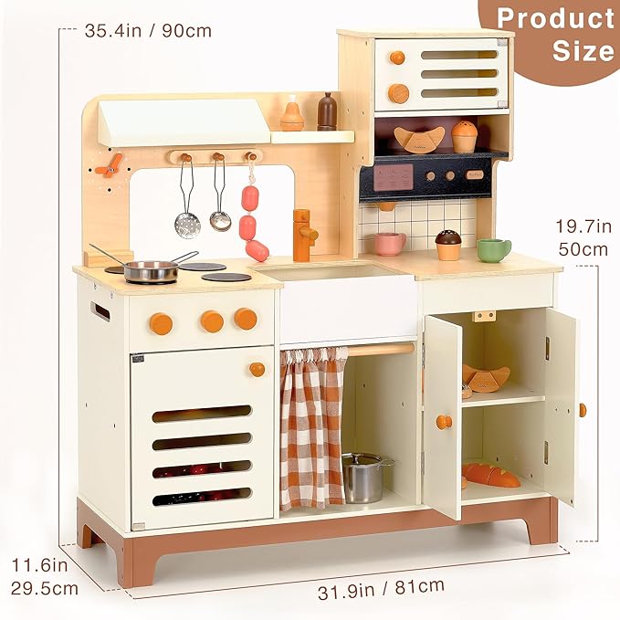 PairPear Wooden Play Kitchen for Kids, XL Large Toy Kitchen Playset with Coffee Maker, Fridge & Large Storage System, Pretend Toy Food Cooking Set Play Kitchen Accessory for Kids Ages 3+