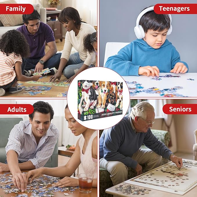 Christmas Puzzle 100 Piece Puzzles for Kids, Christmas Dogs Puzzle 100 Pieces Christmas Puppies Puzzle 100 Piece Puzzles for Adults Christmas Puzzle Puppies Puzzles for Kids Ages 6-10 Brain Teaser