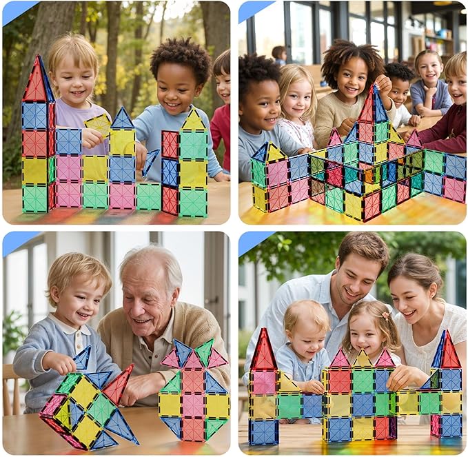 Mini Magnetic Tiles for Kids Ages 3-8, Travel Magnetic Building Blocks with Metal Storage Box, STEM Educational Toys, Montessori Sensory Learning Toys for Toddlers, Boys & Girls Gift