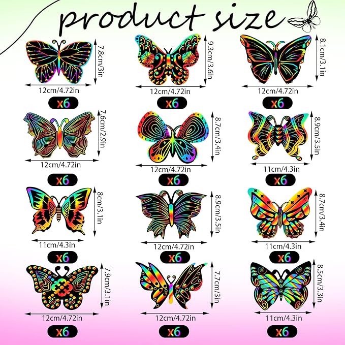 Deekin 72 Pcs Butterfly Scratch Cards Rainbow Paper Scratch Butterfly Craft Art Kits Party Favors with 36 Pcs Bamboo Stylus for Classroom Games DIY Crafts Home Ornaments, 12 Styles