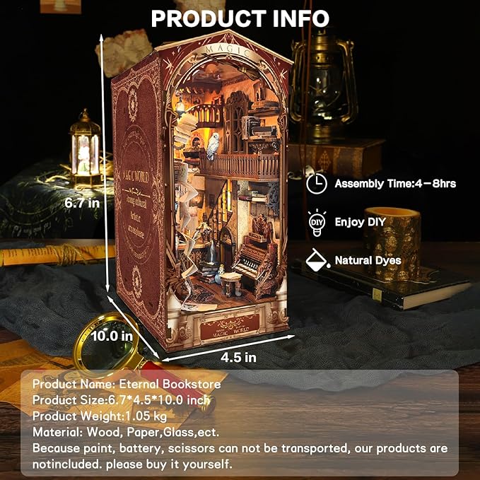 Book Nook Kit, DIY Dollhouse Booknook Bookshelf Insert Decor Alley, DIY Book Nook Miniature Kit with Lights, 3D Wooden Puzzle Decorative Bookend Miniature Model Kits for Adults