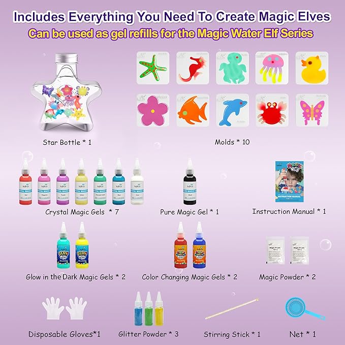 Kiditos Magic Water Elf Toy Kit–Squishies for Kids,12 Gels+10 Molds&1 Bottle, Magic Gel Water Pets Sensory Toy, Fun DIY Craft Kit & Refill, Party Favors, Birthday & Christmas Gifts for Kids Ages 3+