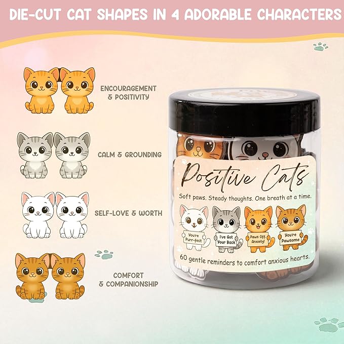 Positive Cats Jar – 60 Affirmation Cards for Anxiety & Self Care, Cute Cat Gifts for Women, Teens & Men, Mental Health & Stress Relief Support Gifts, Cats Themed Gift