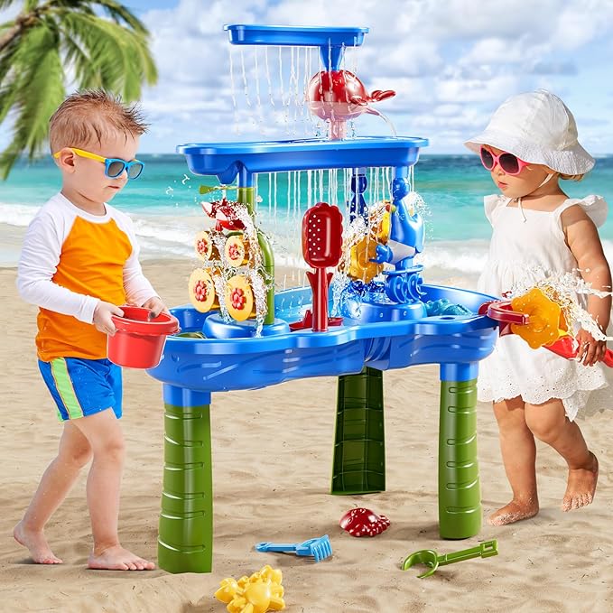 Water Table for Toddlers 3-5, 3-Tier Kids Sand Water Table, Water and Sand Activity Sensory Table Summer Beach Outside Toys Backyard for Kids Toddlers Age 3 4 5 6 7 8