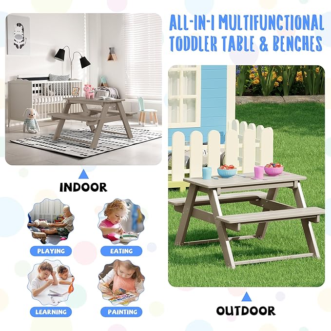 Costaelm Kids Picnic Table, HDPE All Weather Outdoor Toddler Picnic Table and Chair Set Kids Bench for Patio, Backyard, Garden, Lawn, Weathered Wood