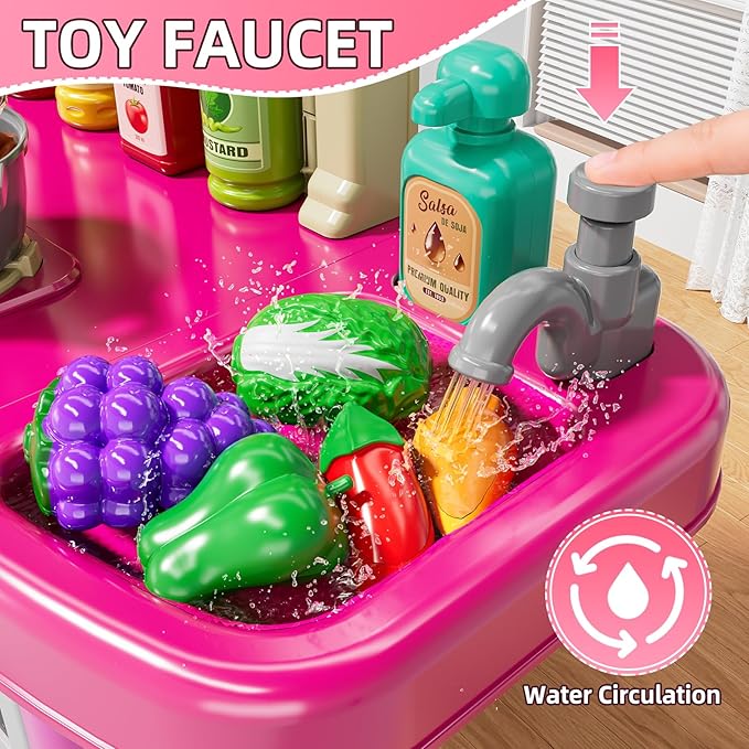 36 in Kids Kitchen Playset for Ages 2-6 4-8, Play Kitchen with Light, Sound and Spraying, Sink Toy Accessories, Cooking Stoves, Pretend Food Toys for Toddlers 1-3 3-5 Boys Girls 6-12 (Pink)