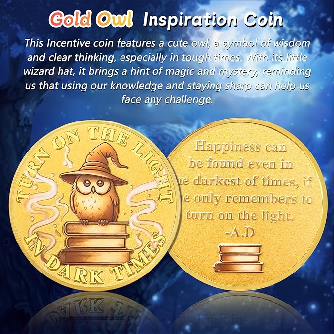 Gold Owl Inspiration Coin - Turn On The Light in Dark Times Challenge Coin - Faith and Strength Incentive Awards Medallion Pocket Token - Lucky Collectible Office Commemorative Gifts