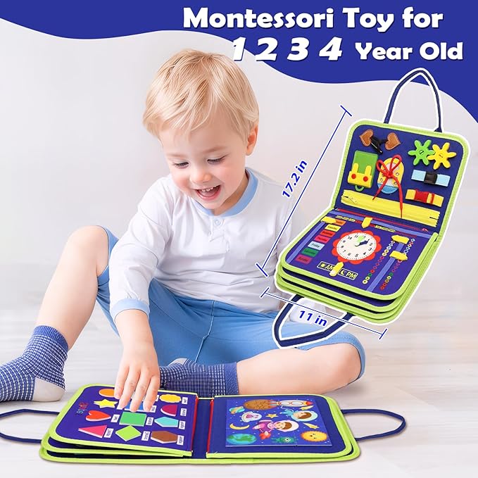 MAJAVI Toddler Busy Board Montessori Toys for 1 2 3 4 Year Old, Busy Book Sensory Educational Activities for Learning Fine Motor Skills, Gifts for Girls Boys, Travel Toys for Airplane Car, Dark Blue