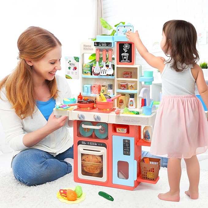 HOLYFUN Kids Kitchen Playset, Kitchen Set for Toddler with Sound and Light, Cooking Stove with Steam, Play Sink and Toy Kitchen Accessories, Pretend Kitchen Toys for Kids Girls Boys, Pink