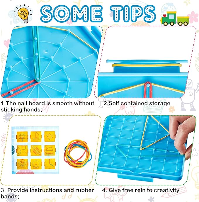 Deekin 12 Pcs Double Sided Geoboard Mathematical Kids Geoboards with Rubber Bands Math Manipulatives Toy for Geometry, 6.9 x 6.3 Inches Classroom Back to School