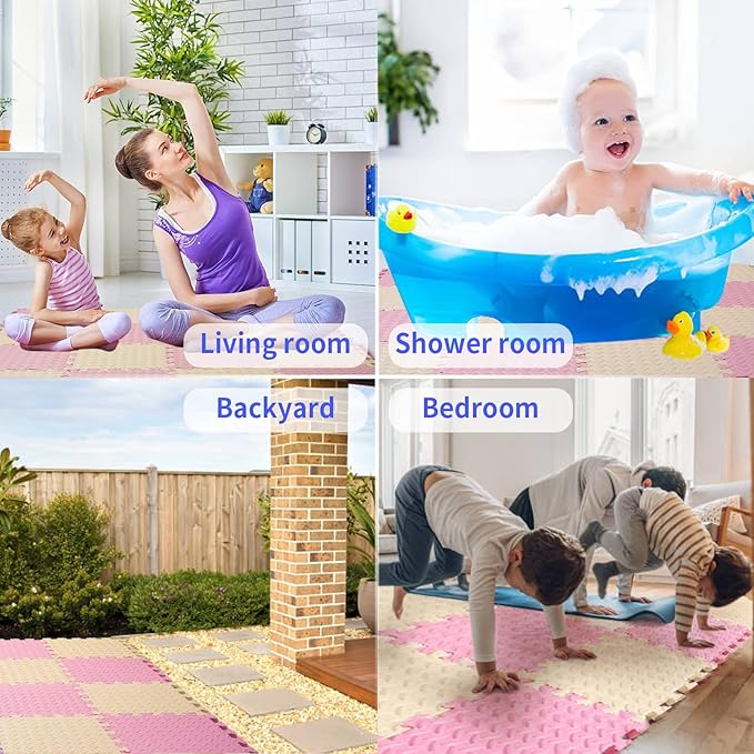 16 Tiles, 0.4 Inch Thicked Interlocking Floor Mats with Solid Colors, Squares Baby Play Mat, EVA Foam Puzzle Floor Mat Foam Mats for Kids, Baby, Toddlers (Beige/Pink)