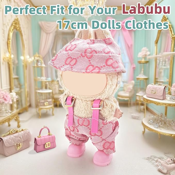 17cm Doll Clothes Set-Adorable Outfits for Dolls-Stylish Accessaries Clothes Dress-Up-Replaceable Clothing Collections, Includes—Chic Hat + Jumpsuit + Shoes (Style D)