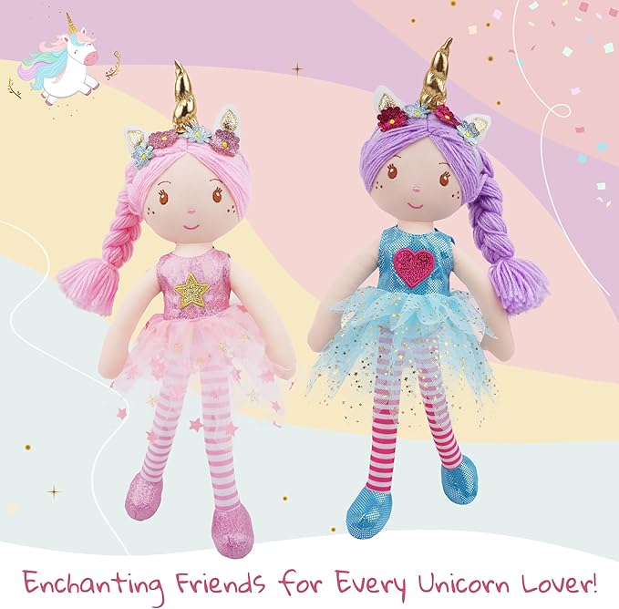 June Garden 16" Unicorn Doll Myra - Purple Hair Plush Rag Doll for Toddler Girls - Soft Companion Gift for 2+ Years - Blue Dress
