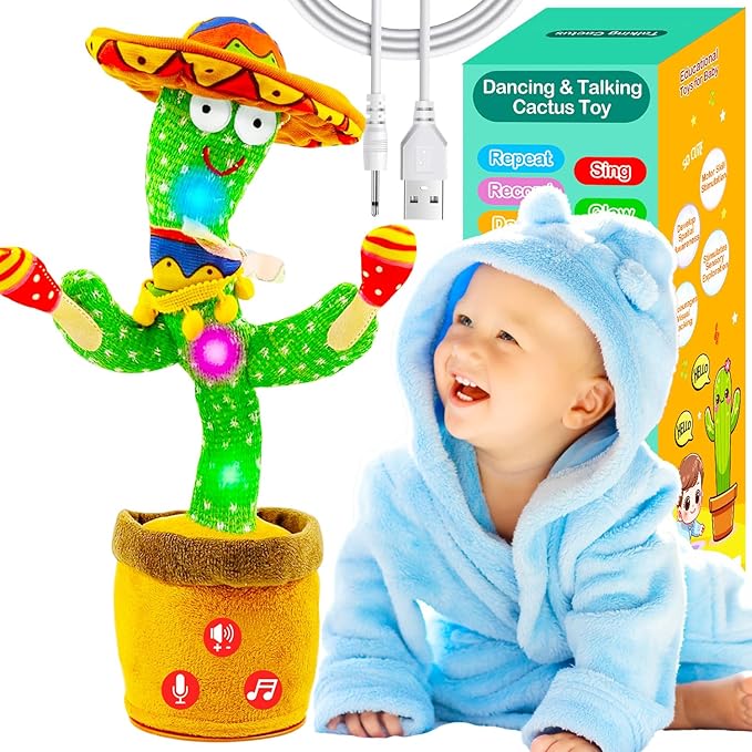 Rechargeable Dancing Talking Cactus Toy w/Volume Adjustable, Cactus Baby Toy Repeat What You Say, Baby Toys for Boys Girls, Singing Mimicking Cactus Toy, Birthday or Chirstmas Gifts for Grandkids