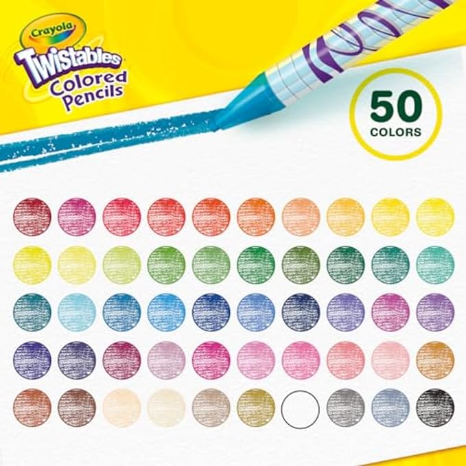 Crayola Twistables Colored Pencil Set (50ct), Stocking Stuffer for Kids & Teens, No Sharpen Colored Pencils For Kids Coloring Books, Drawing & Sketching, 4+