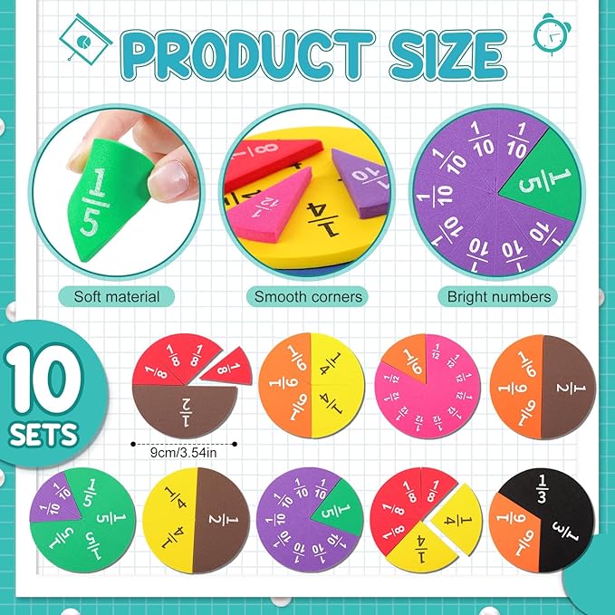 10 Sets Fraction Set for Math Classroom Fractions Manipulatives Math Manipulatives for Home School Supplies (Circles)