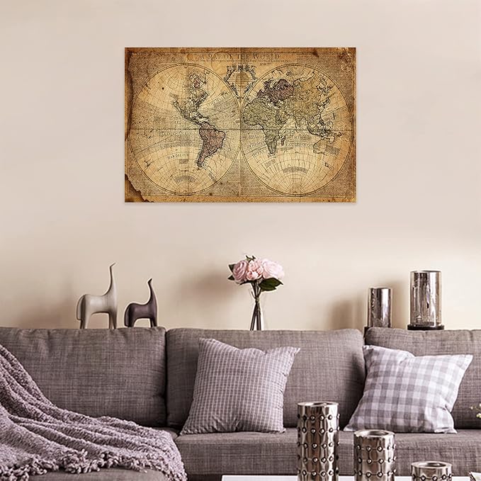 Vintage World Map Canvas Wall Art, Beige Nautical Map Background Pictures Print on Canvas for Office Decor, Antique Earth Map Framed Art for School- Living Room Wall Decoration 18x12 Inches