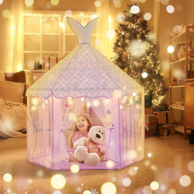 Princess Tent for Girls with Lights, Large Pretend Play Tent Castle w/Carry Bag & Stickers & Detachable Fishtail Top Indoor Outdoor, 67”x55” Ocean-Theme Kids Playhouse Gift for Toddler Age 3+