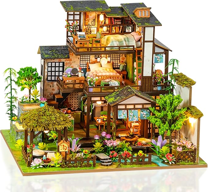 Miniature House Kit, Book Nook, 3D Wooden Puzzle, DIY Miniature Kit, Dollhouse Kit, Mini House Building Kit, Doll House Kits for Adults Teen to Build (Spring Courtyard)