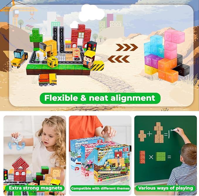 Magnetic Blocks-100PCS Magnetic Building Blocks, Magnetic Blocks Road with Car STEM Toddler Kids Toys, Construction Toys for Kids Ages 3+, Christmas Birthday Gifts for Boys & Girls