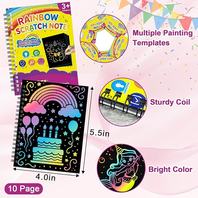Scratch Art for Kids: 16 Pack Rainbow Scratch Paper Party Favors - Art Crafts Notebook Suitable for Birthday Gifts/School Crafts Kit/Classroom Prizes for Girls and Boys Aged 4-12