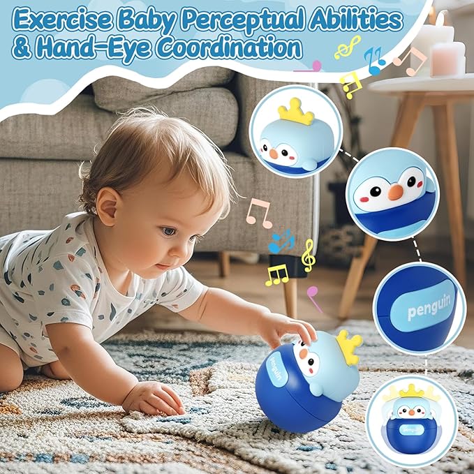 Baby Penguin Wobble Toys, Infant Roly-Poly Tumbler Musical Wobbler, Babies Sensory Development & Teething Toy for Newborn 3-12 Month Baby Toddler Boys and Girls Gifts