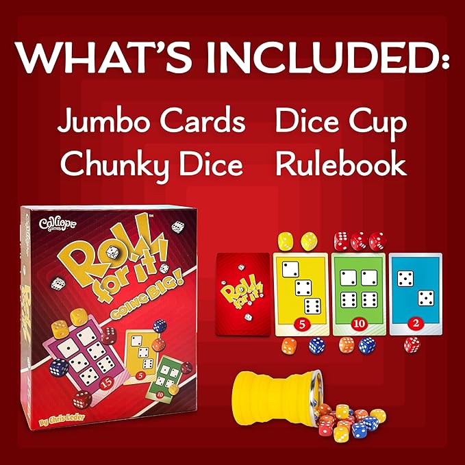Calliope Games Roll for It Going Big - Fast-Playing Family Dice Game with Big Oversized Cards and Dice, Retirement Party Games, Fun Family Games for Travel, Parties, and Game Night - Red Edition