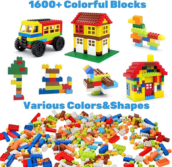 1600 PCS Building Bricks Set, Classic Bulk Building Blocks Compatible with All Major Brands, Includes 3 Baseplates, 53 Wheels Doors Windows Accessories, Creative STEM Construction Toy Gift for Kids