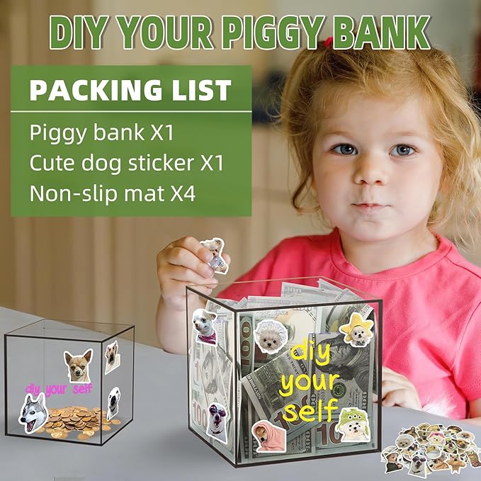 Clear Piggy Bank for Adults/Kids, Acrylic Unopenable Money Box for Cash Coin Saving, Must Break to Open, Money Saving Jar for Adults Boys Girls, Size 7.48''