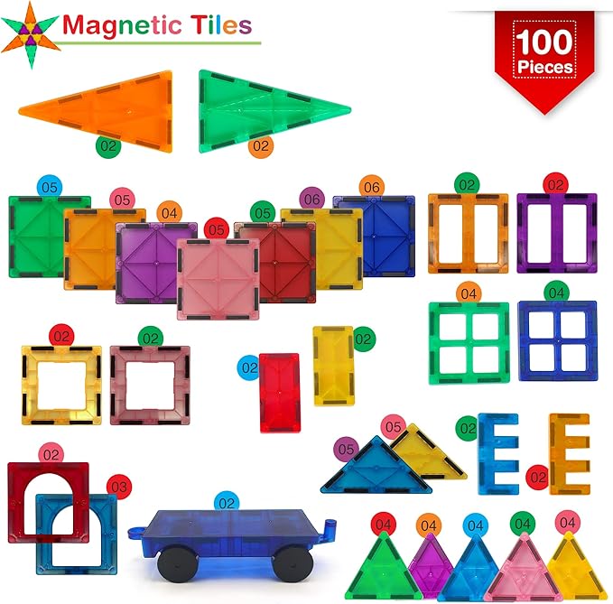 Tigerdoe 100 PCS Magnetic Tiles Set, Educational and Creative Magnetic Building Tiles for Kids, Fun,and Interactive 3D Construction Play Toy for Kids, Montessori Learning and Sensory Development Toys