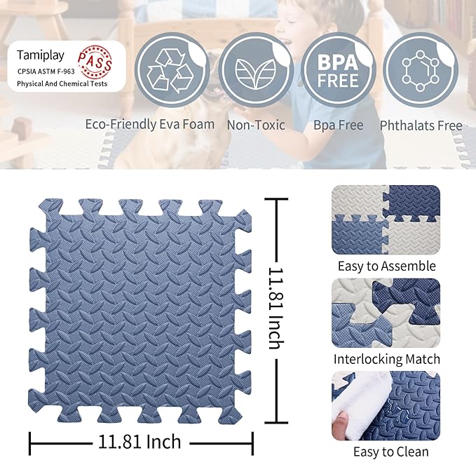 Foam Play Mat for Baby, 0.4 Inch Thick Foam Interlocking Floor Mats, Soft Non-Toxic Baby Playmat, Puzzle Play Mat Kids Floor Mats for Toddler, 16 Tiles(White/Dark Blue/Gray Blue)