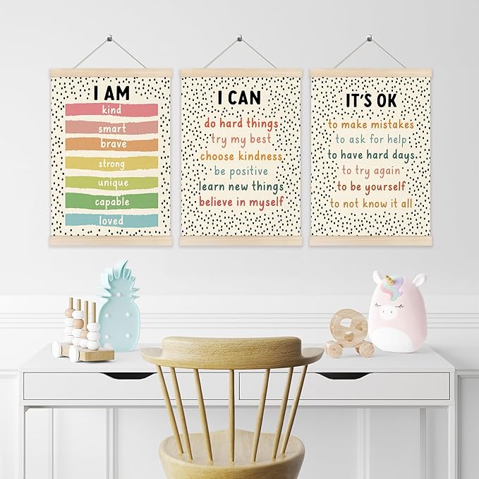 Koesus Inspirational Classroom Wall Art Poster Hanger Frame 12x16 Inch Set of 3, Motivational Canvas Pictures Prints Framed Wall Decor for Classroom Kids Room Playroom, Positive Affirmations for Kids