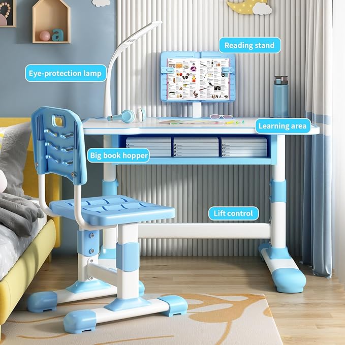 2025 NEW Kid's Study Desk and Chair Set, Ergonomic Height Adjustable Children Study Desk with Tilt Desktop, Book Stand, Light, Metal Hook and Storage Drawer,Gift for Boys Girls (Blue 70cm light)