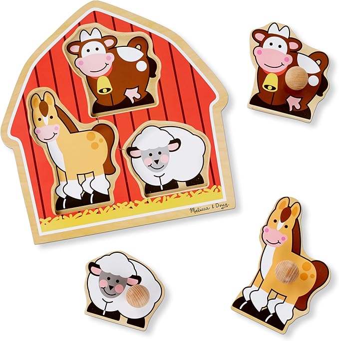 Melissa & Doug Barnyard Animals Jumbo Knob Puzzle, Wooden Peg Puzzle for Toddlers, Educational Toy for Shape Recognition and Fine Motor Skills, Ages 1+
