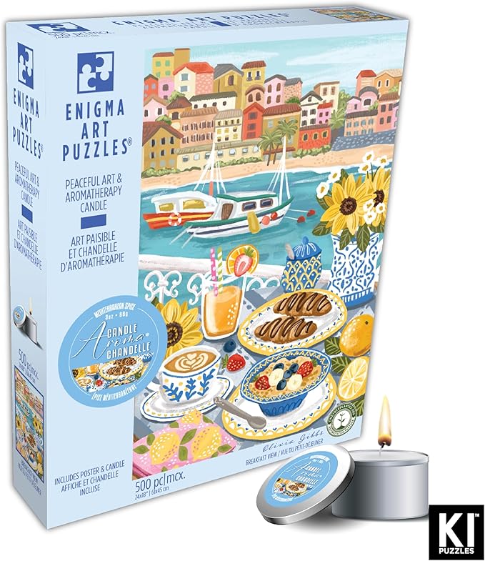 KI Puzzles 500-Piece Jigsaw Puzzle – Aromatherapy Blueboard with Candle – Cozy Olivia Gibbs Breakfast View – 24x18 Relaxing Hygge Puzzle for Adults & Teens