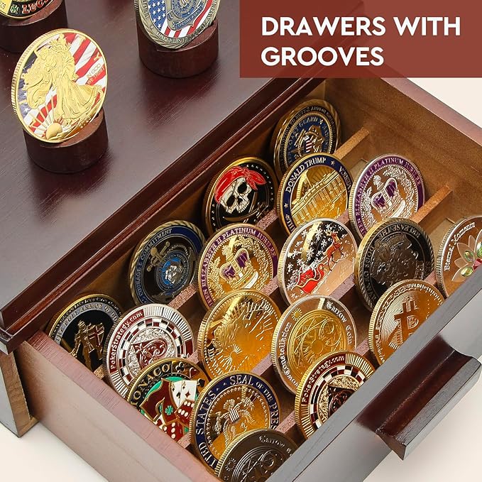 Challenge Coin Display Case, Military Coin Collection Holder with Wooden Coin Box, Drawers, and Clear Acrylic Lid – Gifts for Coins Collectors (5 Pillars)