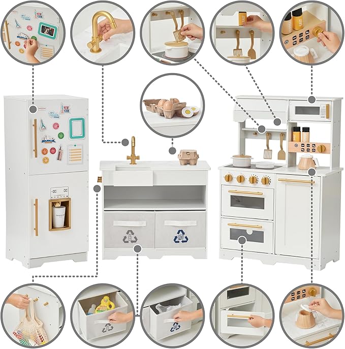 Teamson Kids Little Chef Atlanta Large Modular Wooden Play Kitchen with Interactive, Realistic Features, and 17 Kitchen Accessories, for 3yrs and up, White/Gold