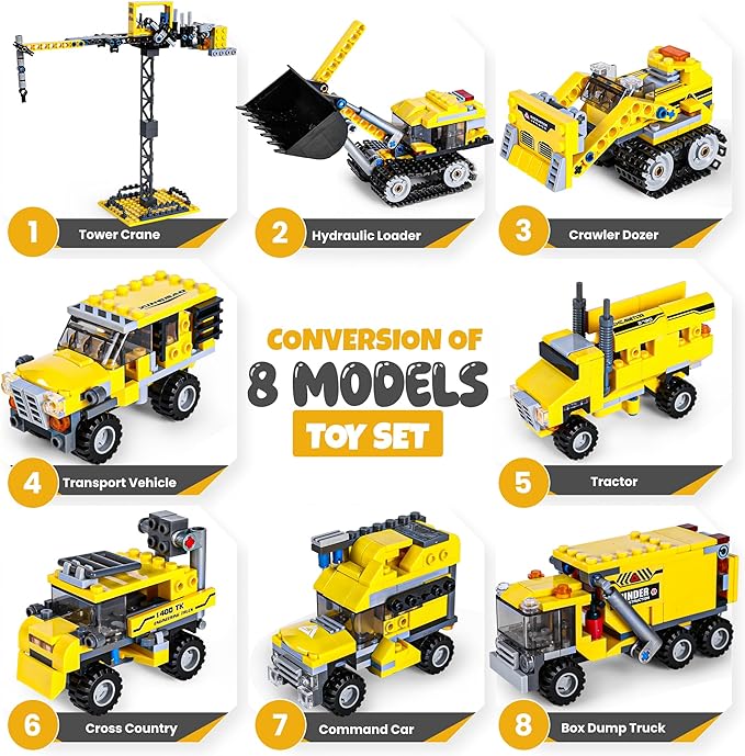 8 in 1 Excavator Toy Building Blocks Kit with Tower Crane, Tractor, Crawler Dozer, Box Dump Truck, Cross Country Vehicle, Command Car, Transport Vehicle – Construction Toys Set for Boys & Girls