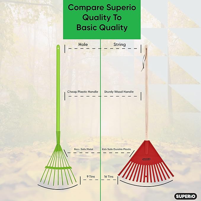 Kids Rake with Hardwood Handle, Durable Plastic Head to Sweep Leaves in Lawn and Tidying Up The Garden, 34" (Red), 6 Pack